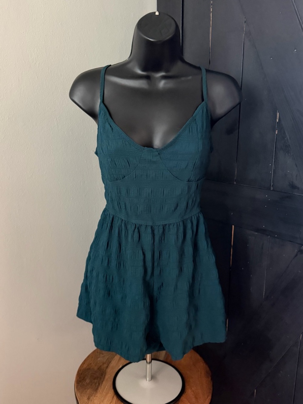 SHEIN Teal Textured Spaghetti Strap Mini Romper